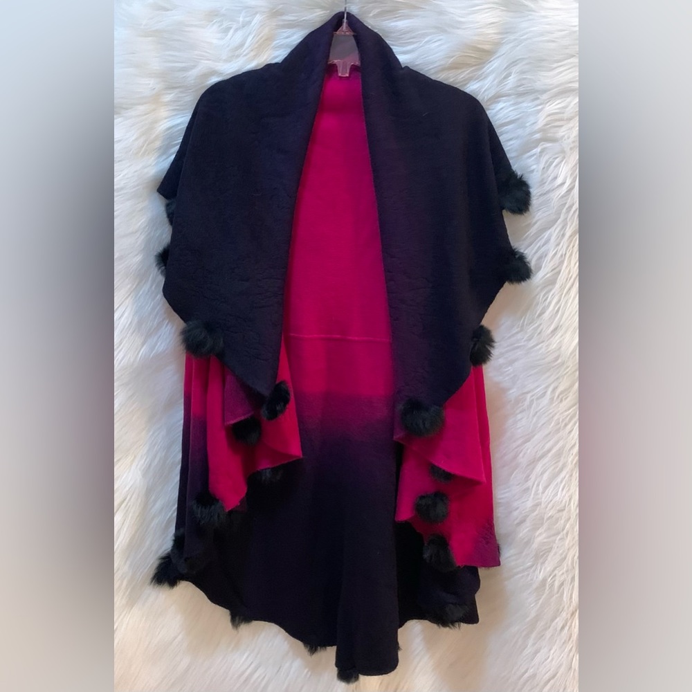 Sweater Vest Poncho Ombre Color w Real Fur Pom Pom detail No Tag See Measurement